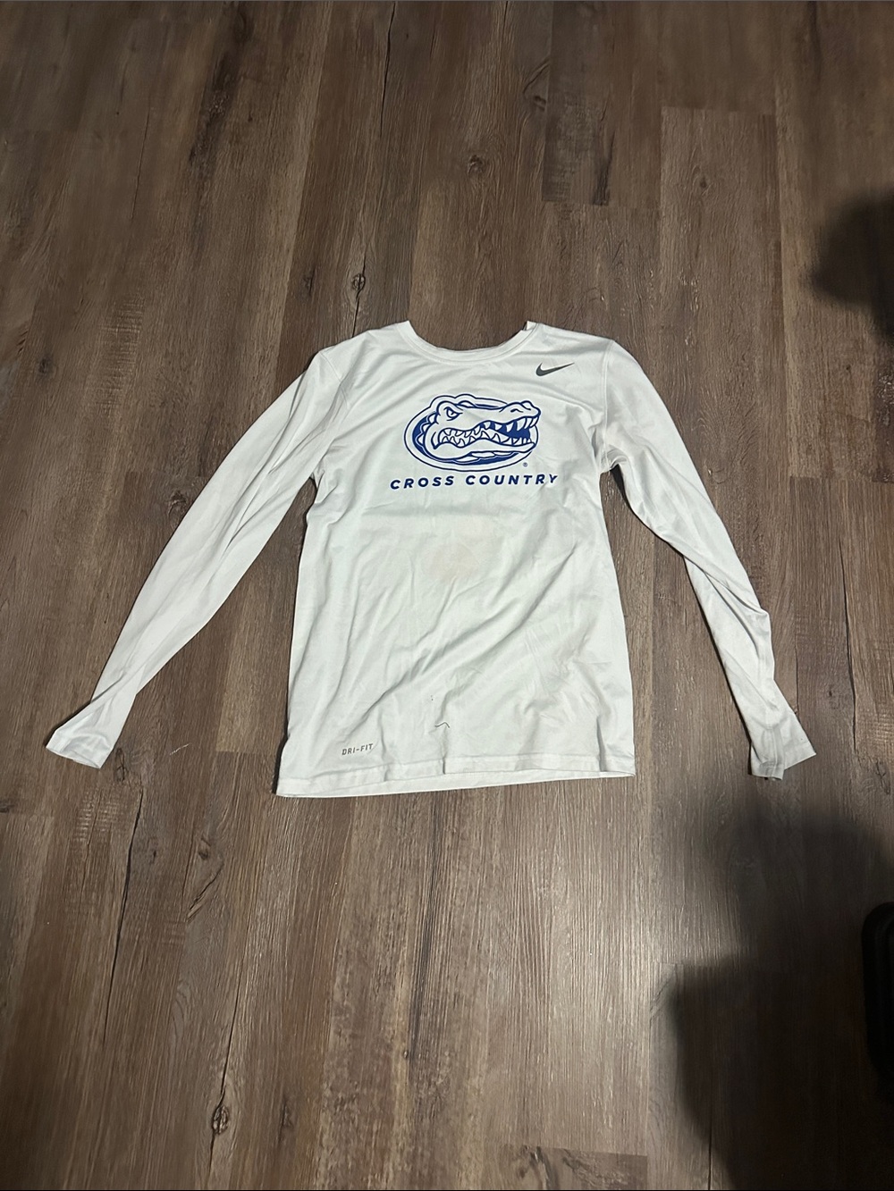 Nike White Long Sleeve Cross Country Shirt with Blue Gator Graphic